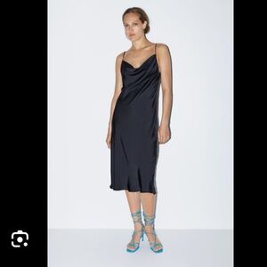 Zara Black Satin Cowl Neck Low Back Midi Slip Dress